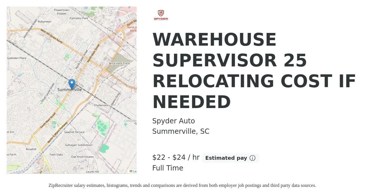 Spyder Auto job posting for a WAREHOUSE SUPERVISOR 25 RELOCATING COST IF NEEDED in Summerville, SC with a salary of $23 to $25 Hourly with a map of Summerville location.