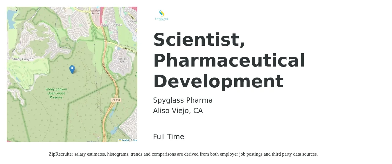 Spyglass Pharma job posting for a Scientist, Pharmaceutical Development in Aliso Viejo, CA with a salary of $100,000 to $130,000 Yearly with a map of Aliso Viejo location.