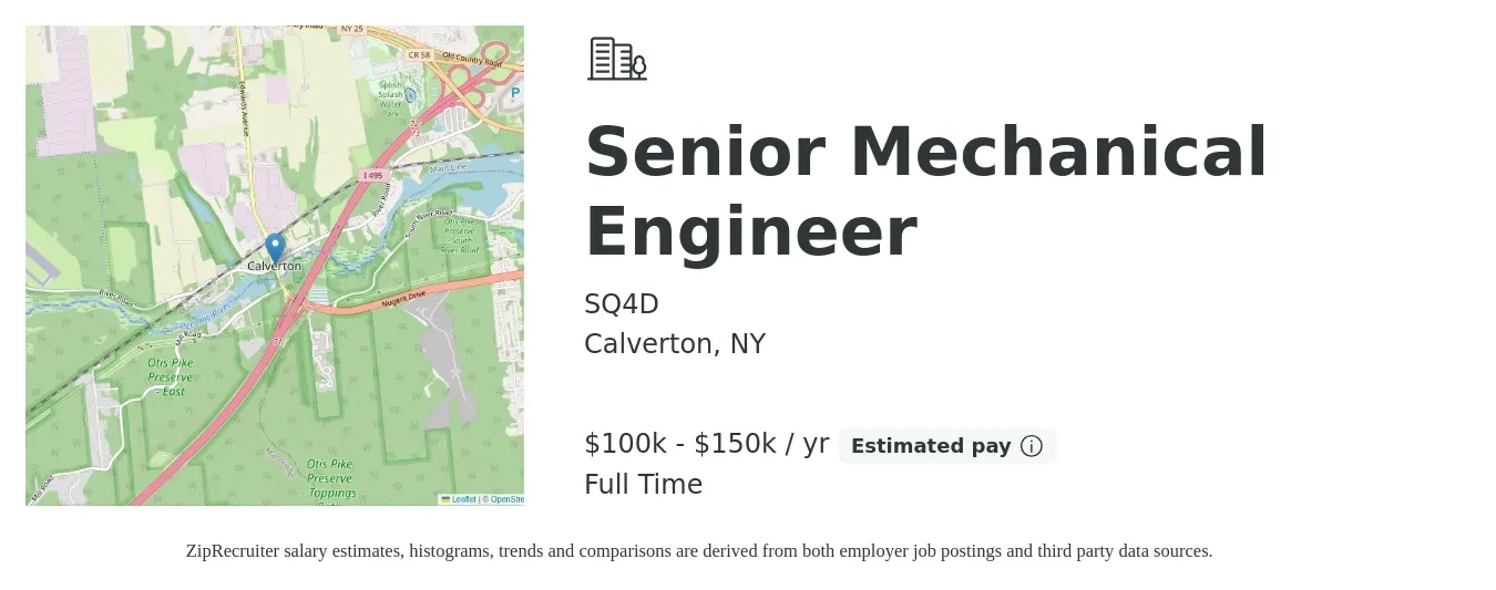 SQ4D job posting for a Senior Mechanical Engineer in Calverton, NY with a salary of $100,000 to $150,000 Yearly with a map of Calverton location.