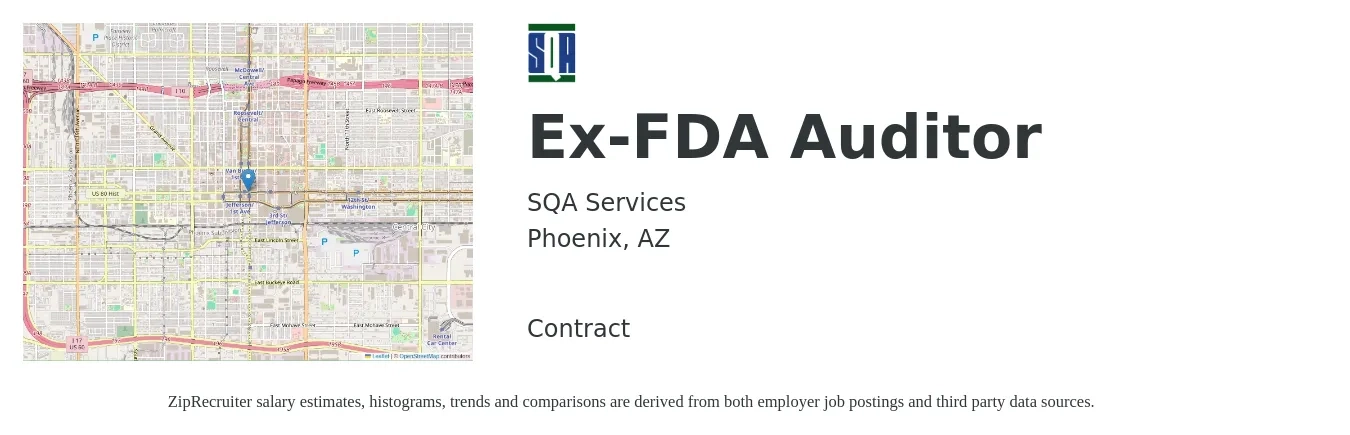 SQA Services job posting for a Ex-FDA Auditor in Phoenix, AZ with a salary of $1,000 to $1,300 Daily with a map of Phoenix location.