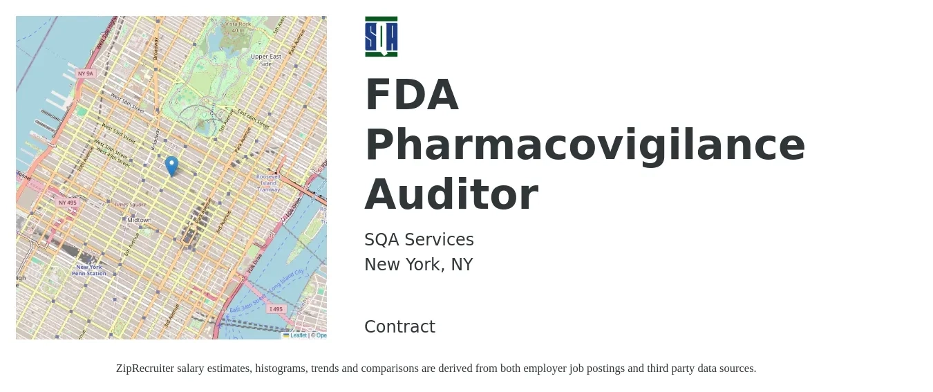 SQA Services job posting for a FDA Pharmacovigilance Auditor in New York, NY with a salary of $1,100 to $1,200 Daily with a map of New York location.
