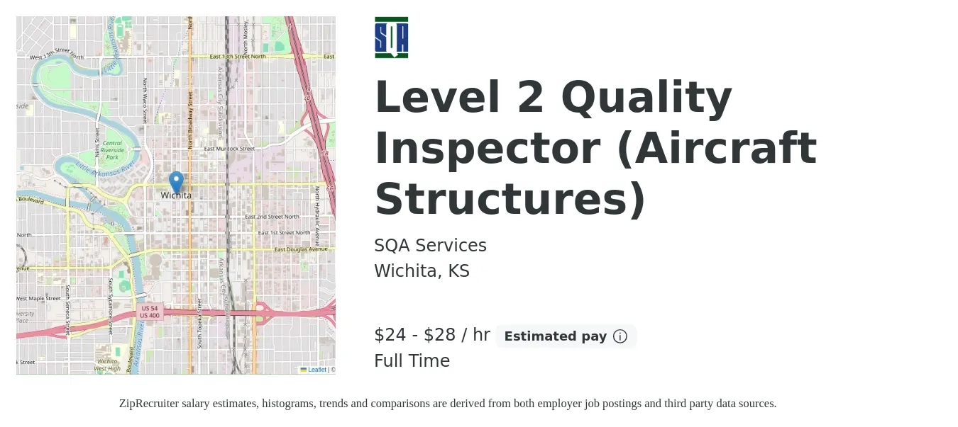 SQA Services job posting for a Level 2 Quality Inspector (Aircraft Structures) in Wichita, KS with a salary of $25 to $30 Hourly with a map of Wichita location.