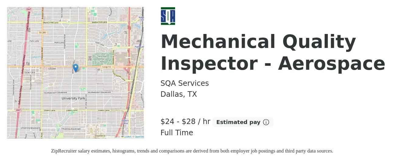 SQA Services job posting for a Mechanical Quality Inspector - Aerospace in Dallas, TX with a salary of $25 to $30 Hourly with a map of Dallas location.
