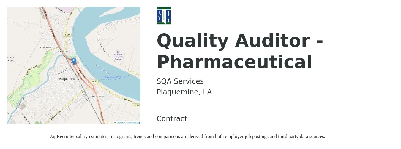 SQA Services job posting for a Quality Auditor - Pharmaceutical in Plaquemine, LA with a salary of $1,000 to $1,200 Daily with a map of Plaquemine location.