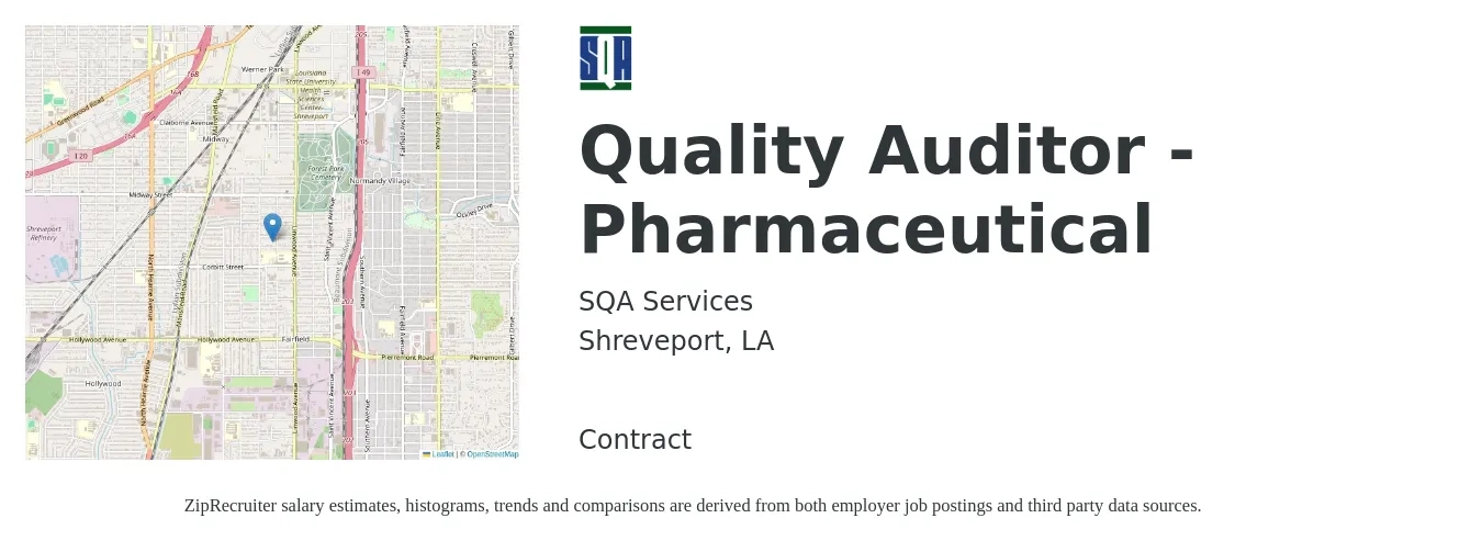 SQA Services job posting for a Quality Auditor - Pharmaceutical in Shreveport, LA with a salary of $1,000 to $1,200 Daily with a map of Shreveport location.