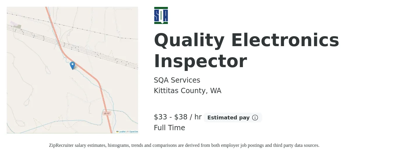 SQA Services job posting for a Quality Electronics Inspector in Kittitas County, WA with a salary of $35 to $40 Hourly with a map of Kittitas County location.