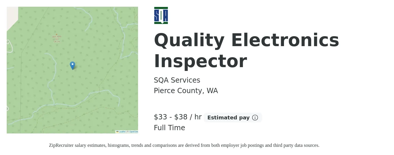 SQA Services job posting for a Quality Electronics Inspector in Pierce County, WA with a salary of $35 to $40 Hourly with a map of Pierce County location.