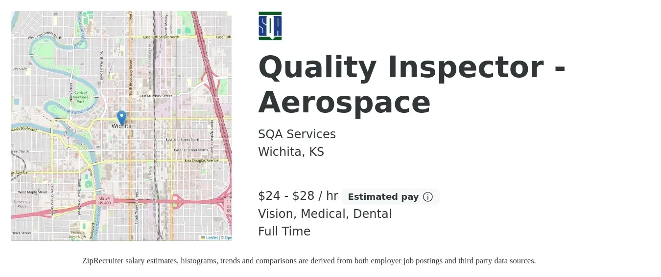 SQA Services job posting for a Quality Inspector - Aerospace in Wichita, KS with a salary of $25 to $30 Hourly and benefits including dental, medical, and vision with a map of Wichita location.
