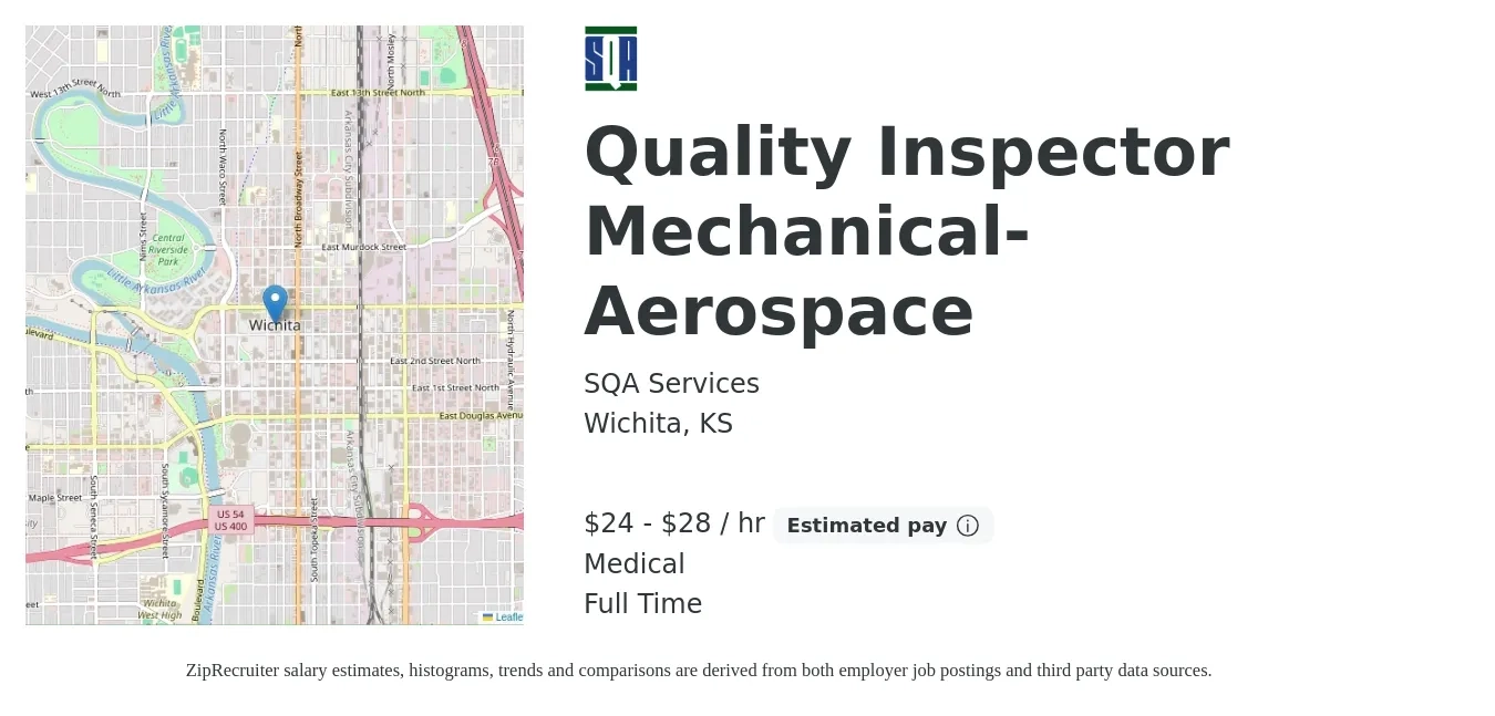 SQA Services job posting for a Quality Inspector Mechanical- Aerospace in Wichita, KS with a salary of $25 to $30 Hourly and benefits including medical with a map of Wichita location.
