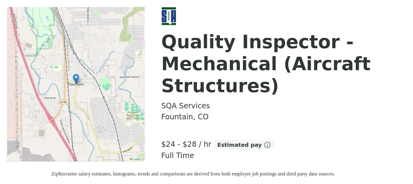 SQA Services job posting for a Quality Inspector - Mechanical (Aircraft Structures) in Fountain, CO with a salary of $25 to $30 Hourly with a map of Fountain location.