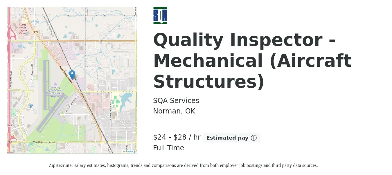 SQA Services job posting for a Quality Inspector - Mechanical (Aircraft Structures) in Norman, OK with a salary of $25 to $30 Hourly with a map of Norman location.