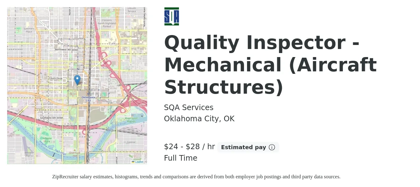 SQA Services job posting for a Quality Inspector - Mechanical (Aircraft Structures) in Oklahoma City, OK with a salary of $25 to $30 Hourly with a map of Oklahoma City location.