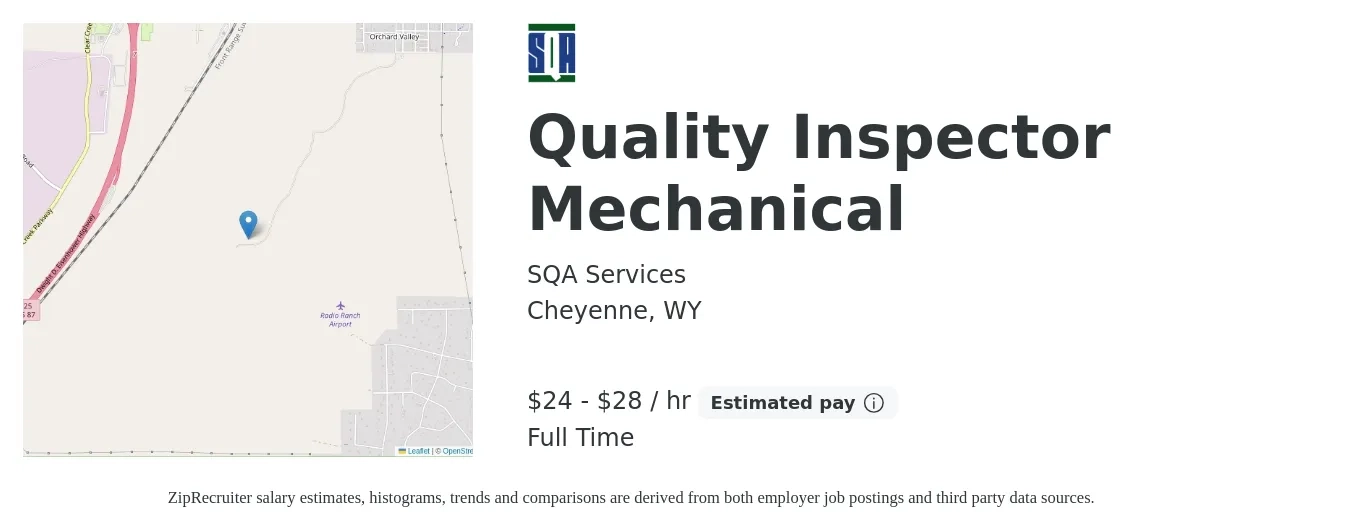SQA Services job posting for a Quality Inspector Mechanical in Cheyenne, WY with a salary of $25 to $30 Hourly with a map of Cheyenne location.