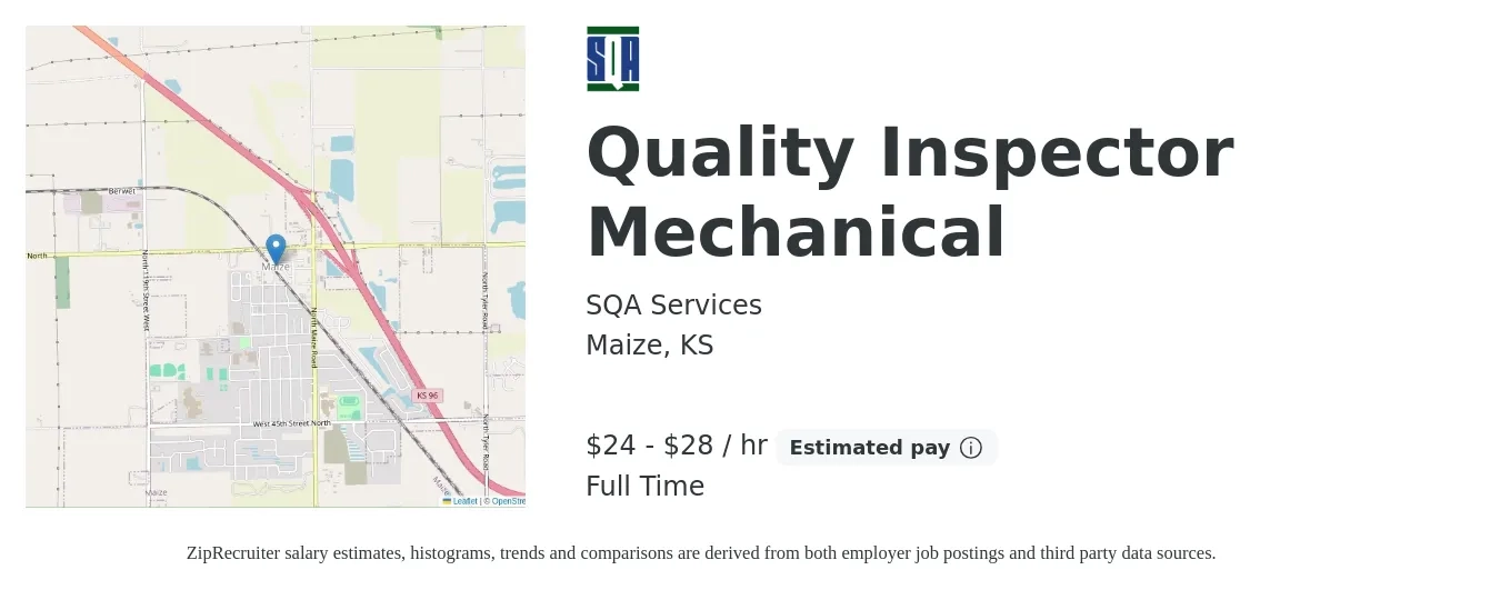SQA Services job posting for a Quality Inspector Mechanical in Maize, KS with a salary of $25 to $30 Hourly with a map of Maize location.