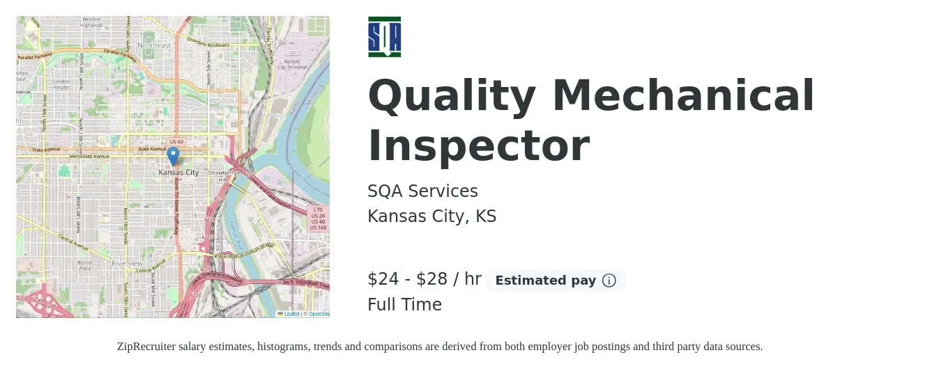 SQA Services job posting for a Quality Mechanical Inspector in Kansas City, KS with a salary of $25 to $30 Hourly with a map of Kansas City location.