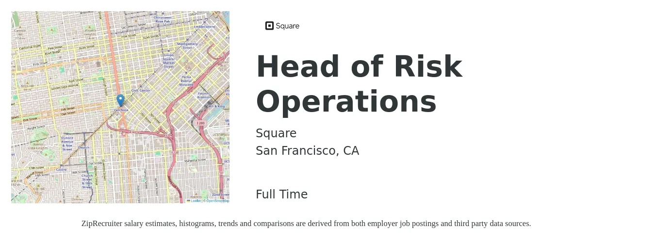 Square job posting for a Head of Risk Operations in San Francisco, CA with a salary of $263,600 to $395,400 Yearly with a map of San Francisco location.