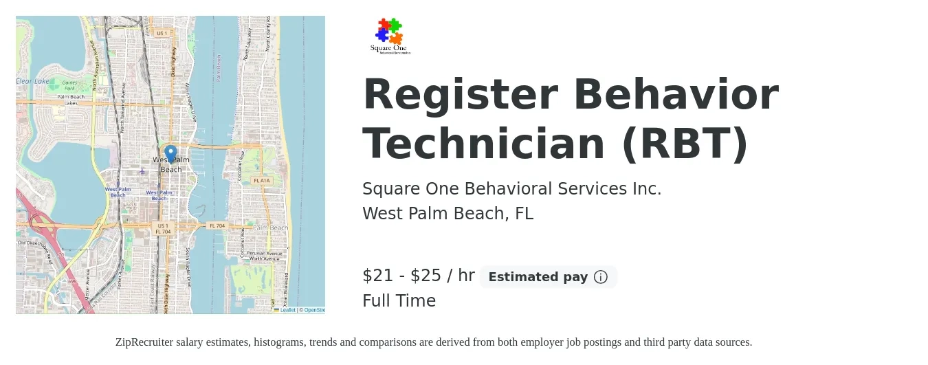 Square One Behavioral Services Inc. job posting for a Register Behavior Technician (RBT) in West Palm Beach, FL with a salary of $22 to $27 Hourly with a map of West Palm Beach location.