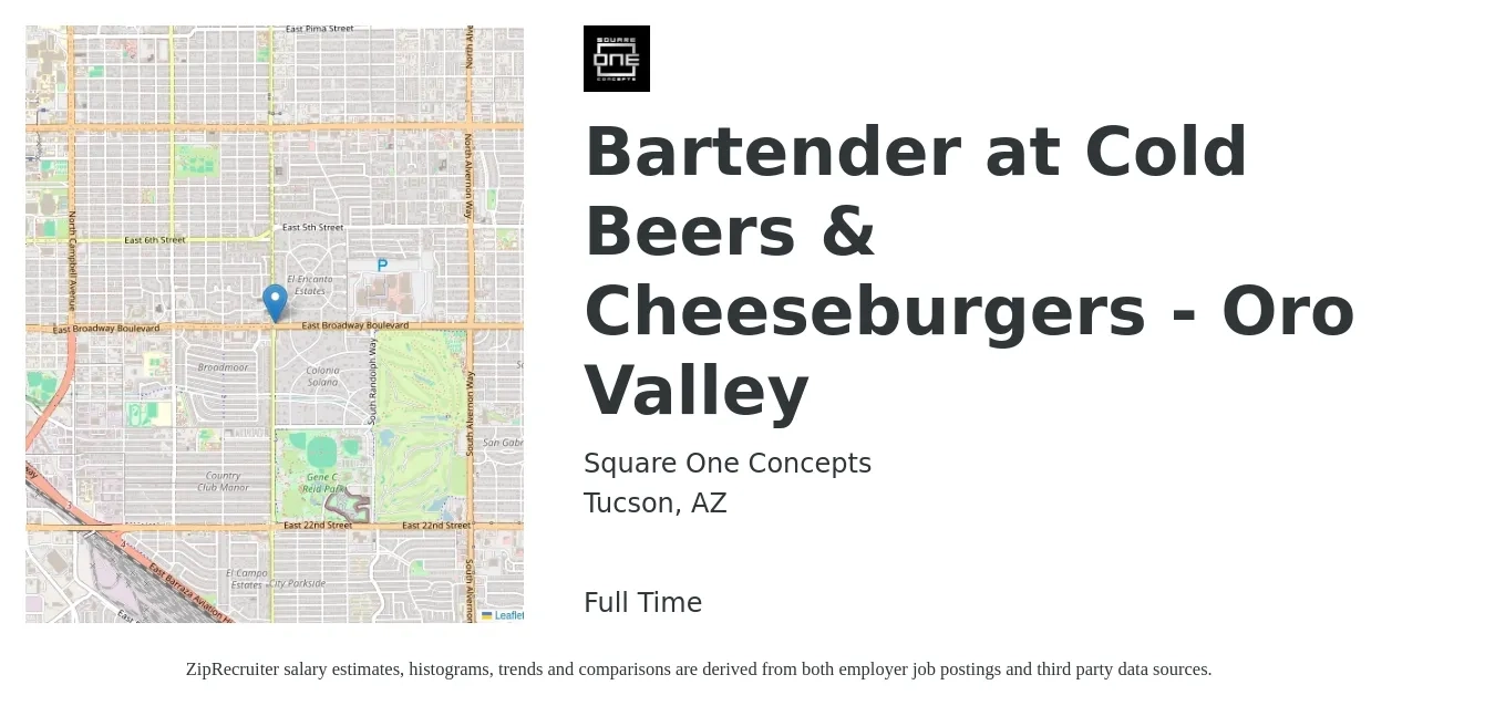 Square One Concepts job posting for a Bartender at Cold Beers & Cheeseburgers - Oro Valley in Tucson, AZ with a salary of $8 to $16 Hourly with a map of Tucson location.