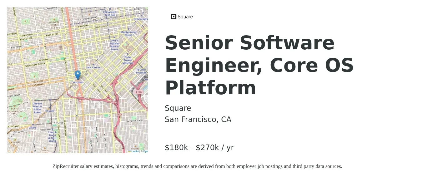 Square Inc. job posting for a Senior Software Engineer, Core OS Platform in San Francisco, CA with a salary of $180,000 to $270,000 Yearly with a map of San Francisco location.