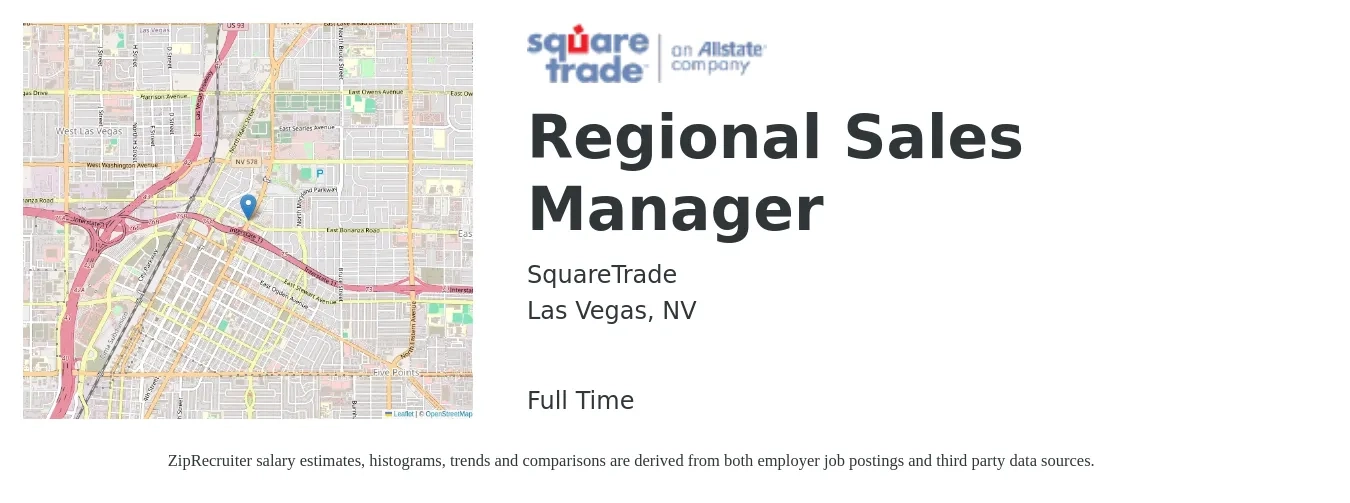 SquareTrade job posting for a Regional Sales Manager in Las Vegas, NV with a salary of $68,800 to $107,400 Yearly with a map of Las Vegas location.