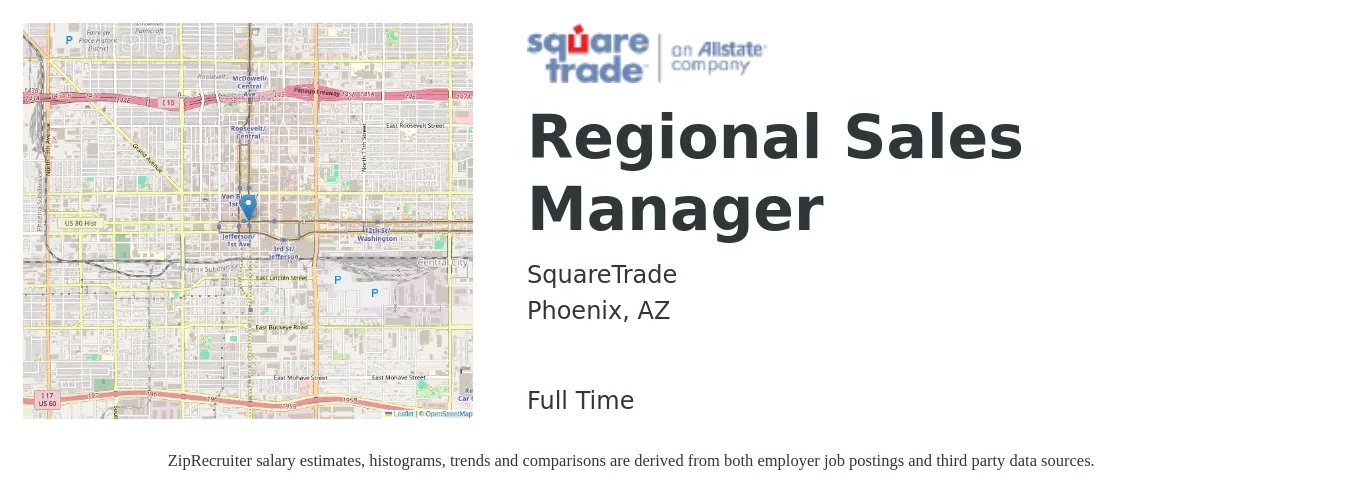 SquareTrade job posting for a Regional Sales Manager in Phoenix, AZ with a salary of $71,500 to $111,700 Yearly with a map of Phoenix location.
