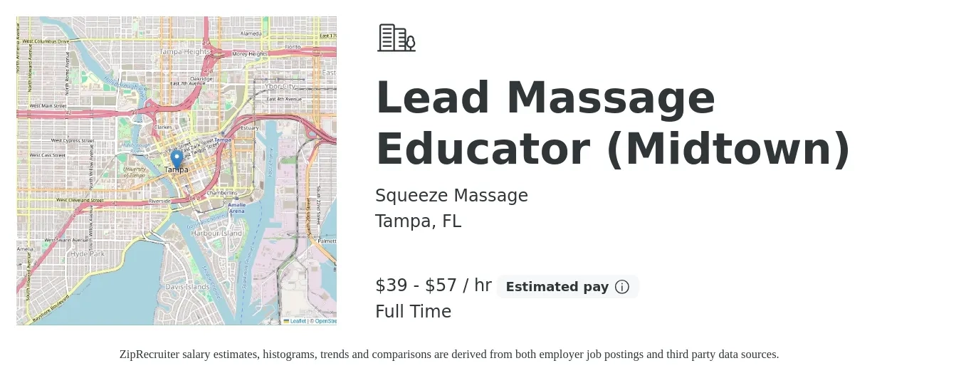 Squeeze Massage job posting for a Lead Massage Educator (Midtown) in Tampa, FL with a salary of $41 to $60 Hourly with a map of Tampa location.
