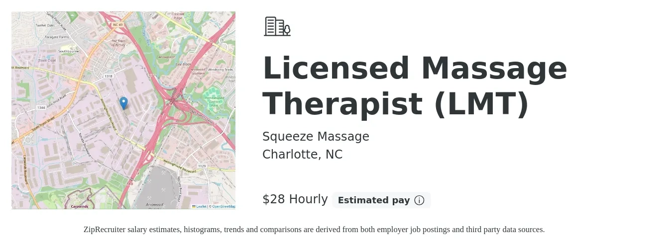 Squeeze Massage job posting for a Licensed Massage Therapist (LMT) in Charlotte, NC with a salary of $30 Hourly with a map of Charlotte location.