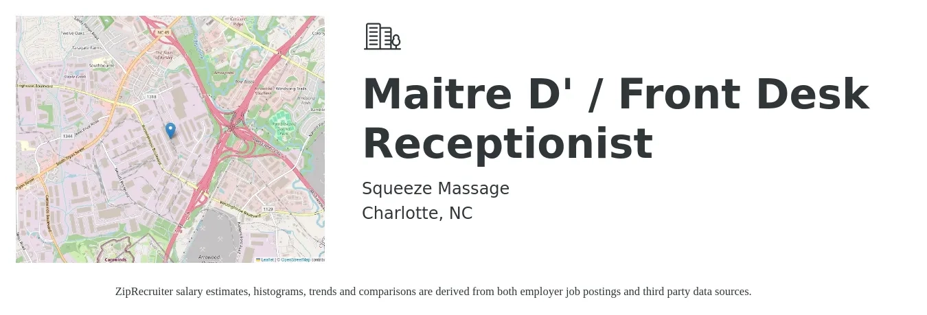 Squeeze Massage job posting for a Maitre D' / Front Desk Receptionist in Charlotte, NC with a salary of $15 to $19 Hourly with a map of Charlotte location.
