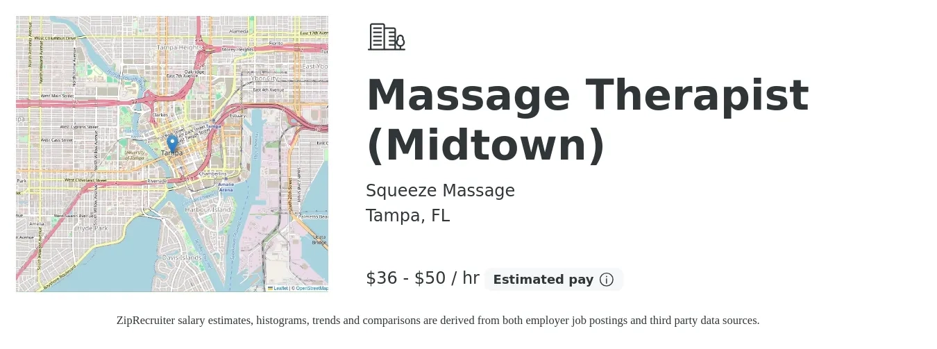 Squeeze Massage job posting for a Massage Therapist (Midtown) in Tampa, FL with a salary of $38 to $52 Hourly with a map of Tampa location.