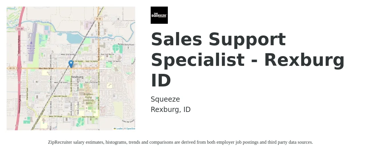 Squeeze job posting for a Sales Support Specialist - Rexburg ID in Rexburg, ID with a salary of $18 to $30 Hourly with a map of Rexburg location.