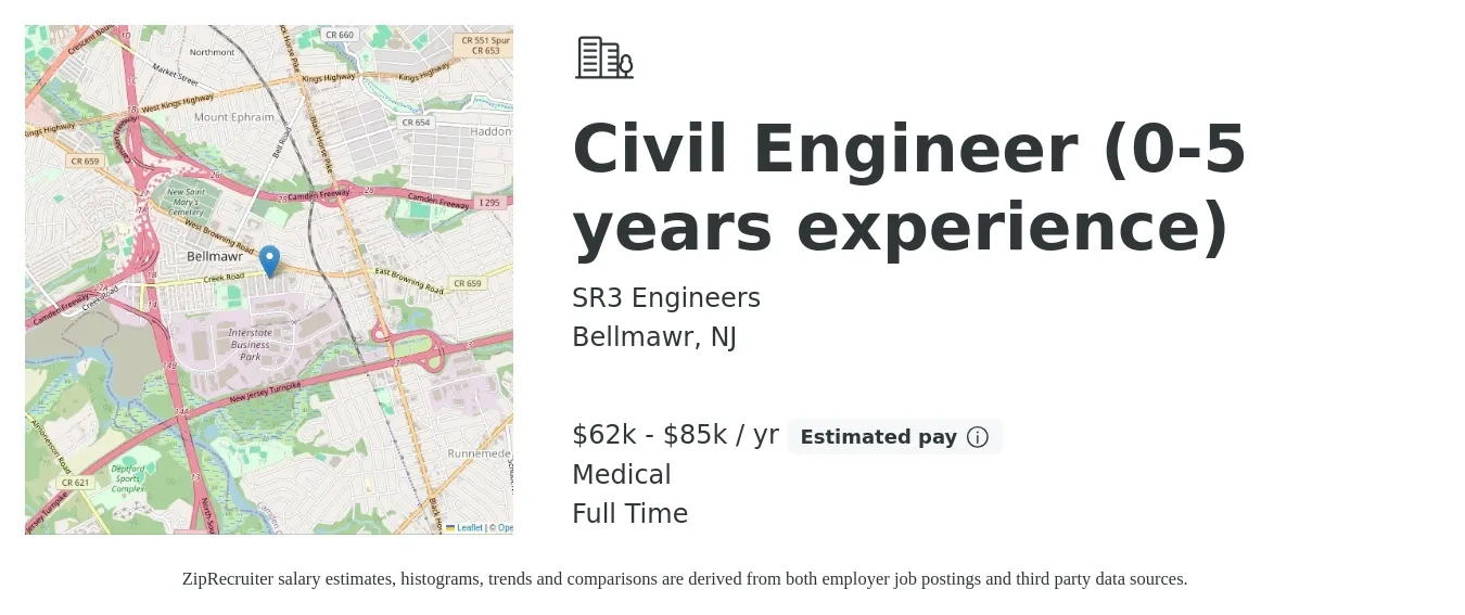 SR3 Engineers job posting for a Civil Engineer (0-5 years experience) in Bellmawr, NJ with a salary of $62,000 to $85,000 Yearly and benefits including medical, pto, and retirement with a map of Bellmawr location.