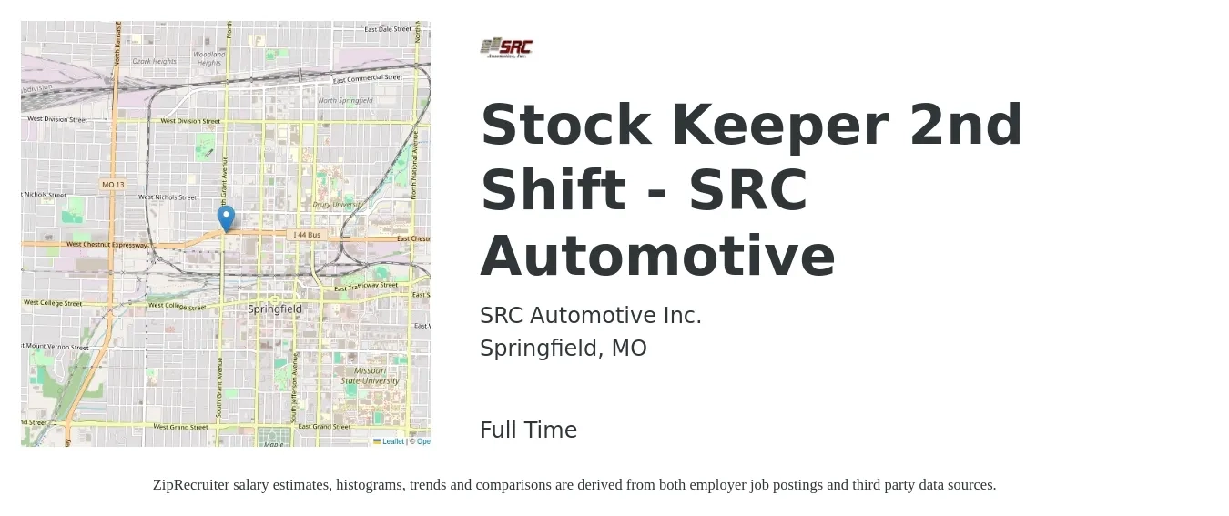 SRC Automotive Inc. job posting for a Stock Keeper 2nd Shift - SRC Automotive in Springfield, MO with a salary of $16 to $20 Hourly with a map of Springfield location.