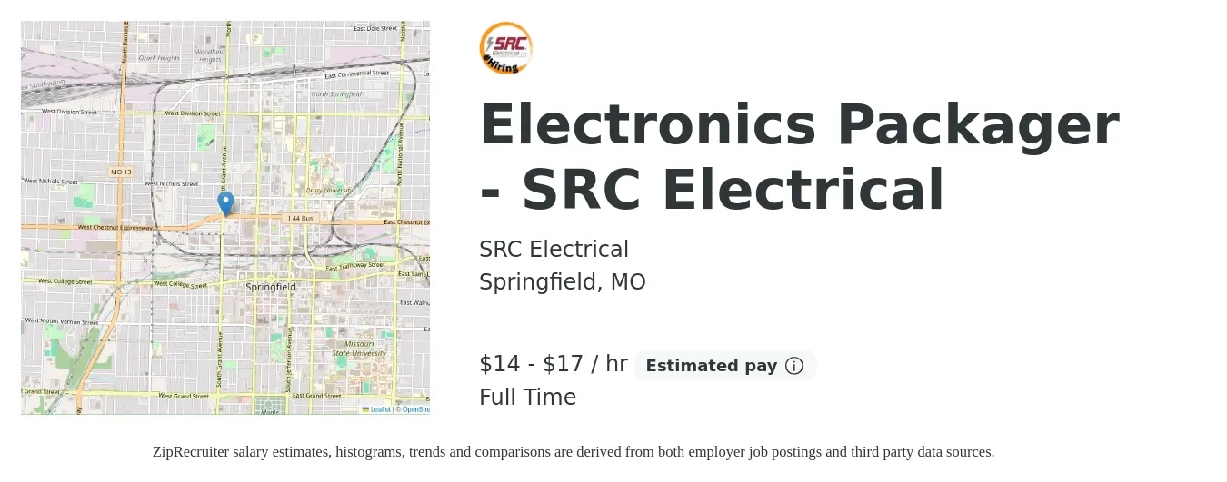 SRC Electrical job posting for a Electronics Packager - SRC Electrical in Springfield, MO with a salary of $16 to $18 Yearly with a map of Springfield location.