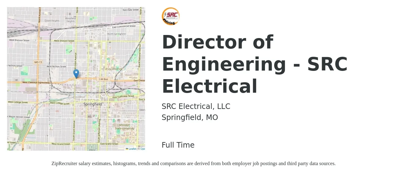 SRC Electrical, LLC job posting for a Director of Engineering - SRC Electrical in Springfield, MO with a salary of $120,700 to $215,700 Yearly with a map of Springfield location.