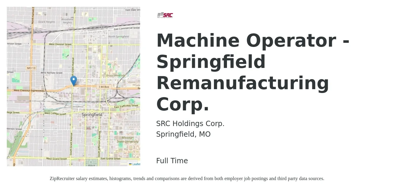 SRC Holdings Corp. job posting for a Machine Operator - Springfield Remanufacturing Corp. in Springfield, MO with a salary of $16 to $19 Hourly with a map of Springfield location.