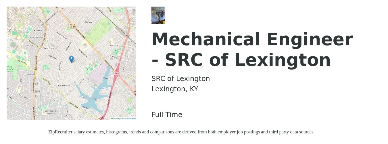 SRC of Lexington job posting for a Mechanical Engineer - SRC of Lexington in Lexington, KY with a salary of $70,600 to $109,700 Yearly with a map of Lexington location.