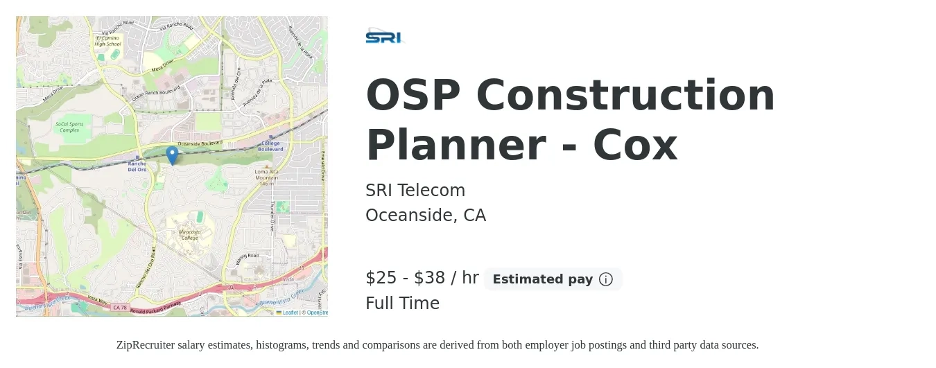 SRI Telecom job posting for a OSP Construction Planner - Cox in Oceanside, CA with a salary of $27 to $40 Hourly with a map of Oceanside location.