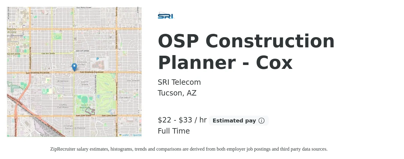 SRI Telecom job posting for a OSP Construction Planner - Cox in Tucson, AZ with a salary of $24 to $35 Hourly with a map of Tucson location.