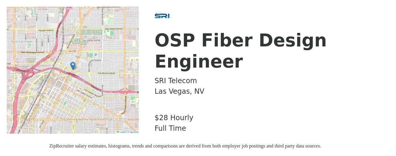 SRI Telecom job posting for a OSP Fiber Design Engineer in Las Vegas, NV with a salary of $26 to $33 Hourly with a map of Las Vegas location.
