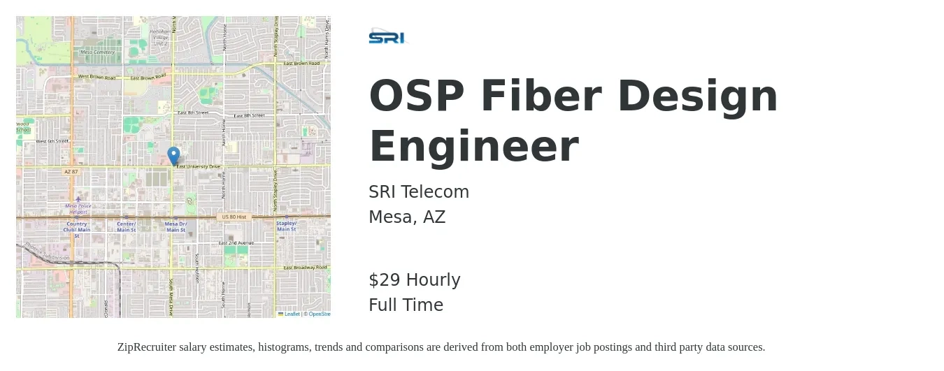 SRI Telecom job posting for a OSP Fiber Design Engineer in Mesa, AZ with a salary of $31 Hourly with a map of Mesa location.