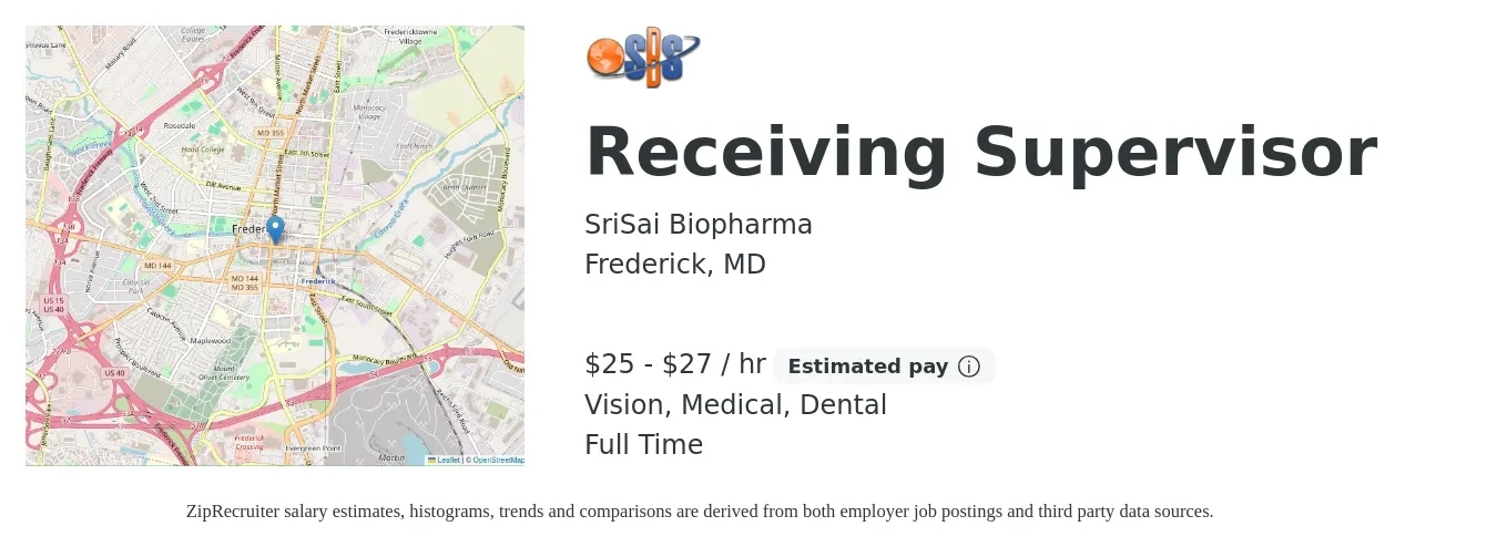 SriSai Biopharma job posting for a Receiving Supervisor in Frederick, MD with a salary of $27 to $29 Hourly and benefits including life_insurance, medical, pto, vision, and dental with a map of Frederick location.