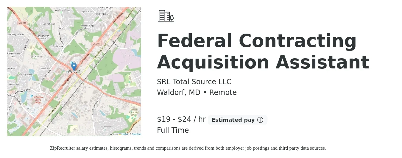 SRL Total Source LLC job posting for a Federal Contracting Acquisition Assistant in Waldorf, MD with a salary of $20 to $25 Hourly with a map of Waldorf location.