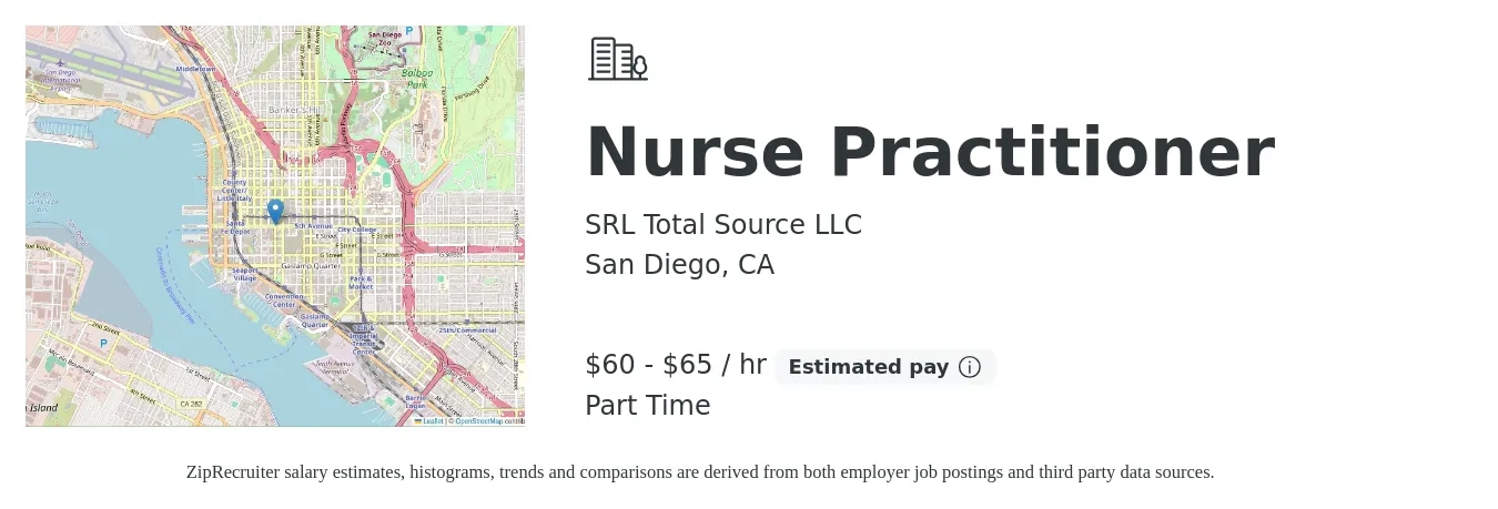 SRL Total Source LLC job posting for a Nurse Practitioner in San Diego, CA with a salary of $63 to $68 Hourly with a map of San Diego location.