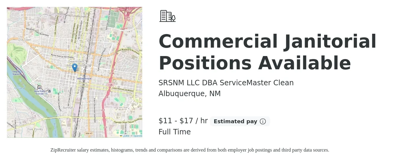 SRSNM LLC DBA ServiceMaster Clean job posting for a Commercial Janitorial Positions Available in Albuquerque, NM with a salary of $12 to $18 Hourly with a map of Albuquerque location.