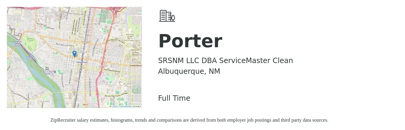 SRSNM LLC DBA ServiceMaster Clean job posting for a Porter in Albuquerque, NM with a salary of $14 to $17 Hourly with a map of Albuquerque location.