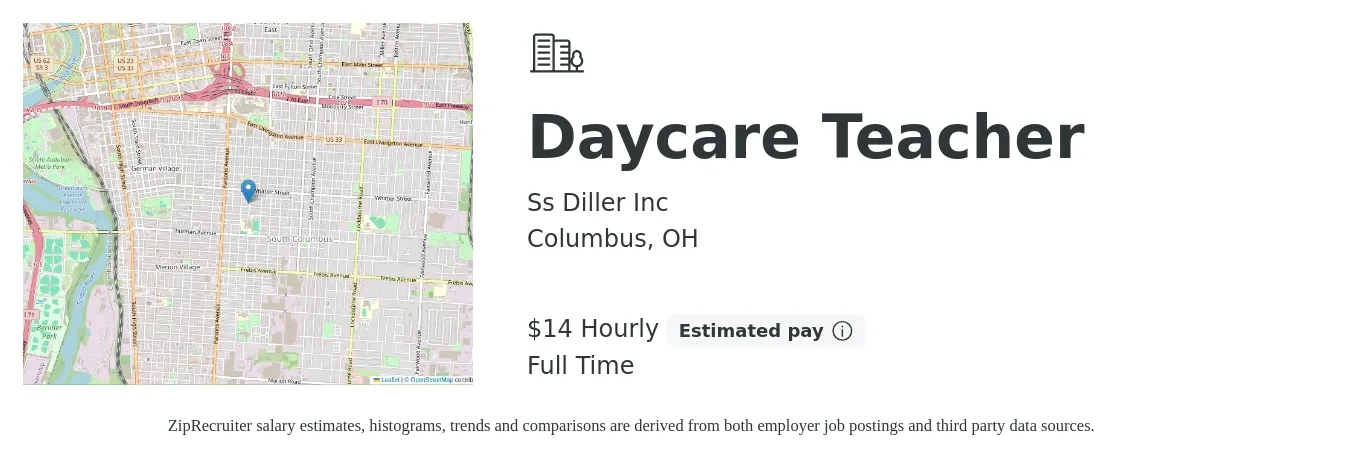 Ss Diller Inc job posting for a Daycare Teacher in Columbus, OH with a salary of $15 Hourly with a map of Columbus location.