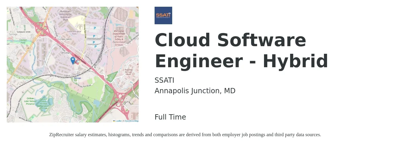 SSATI job posting for a Cloud Software Engineer - Hybrid in Annapolis Junction, MD with a salary of $61 to $80 Hourly with a map of Annapolis Junction location.