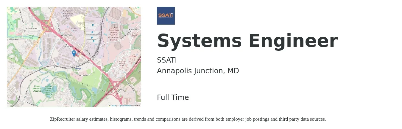SSATI job posting for a Systems Engineer in Annapolis Junction, MD with a salary of $100,100 to $160,400 Yearly with a map of Annapolis Junction location.