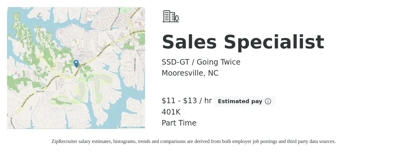 SSD-GT / Going Twice job posting for a Sales Specialist in Mooresville, NC with a salary of $12 to $14 Hourly and benefits including 401k with a map of Mooresville location.