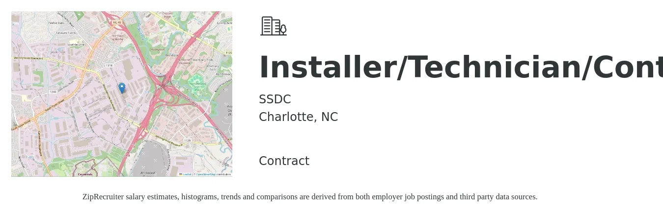 SSDC job posting for a Installer/Technician/Contractor in Charlotte, NC with a salary of $150 to $200 Daily with a map of Charlotte location.